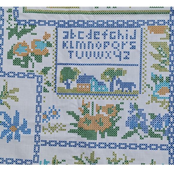 2.75 YDS Vintage 1970's FAUX CROSS-STITCH FABRIC "Home Sweet Home" Cotton Blend - Picture 5 of 10